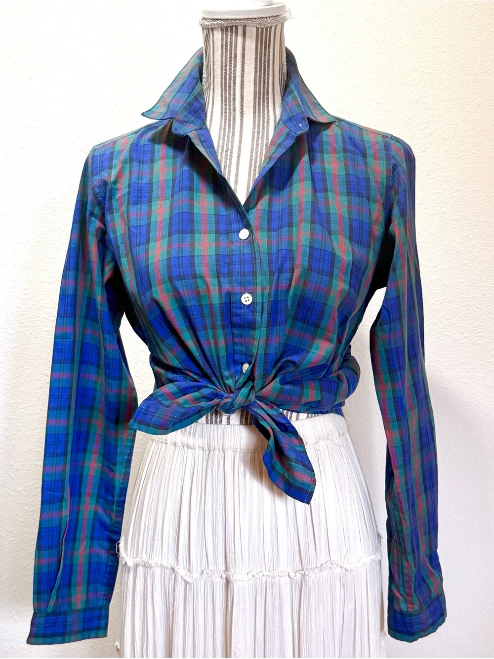 Vintage 80s Nordstrom Brass Plum Tartan Plaid Button Down Shirt Size 6